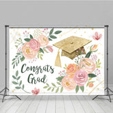 Aperturee - Aperturee Watercolor Floral Leaf Gold Cap Congrats Grad Backdrop